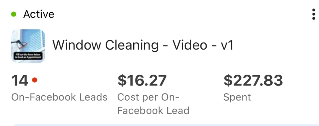 Window Cleaning Co. — campaign results from Meta Ads Manager